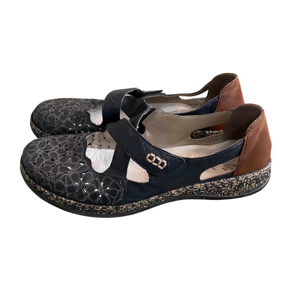 Rieker Antistress Mary Jane Flats Women 39 Navy Blue Floral Leather Comfort Shoe